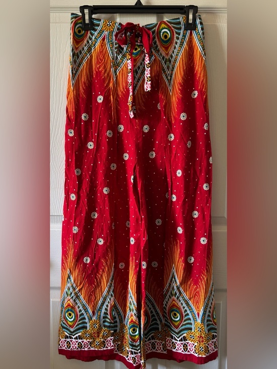 peacock print Pants - Peacock Abstract Flowy Y2K Wide Open Leg Tie Waist Boho Culotte Pants Sz Small